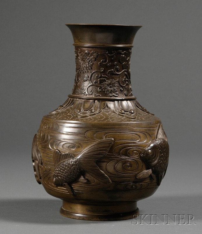 Appraisal: Bronze Vase Japan Meiji period - decoration of goldfish on