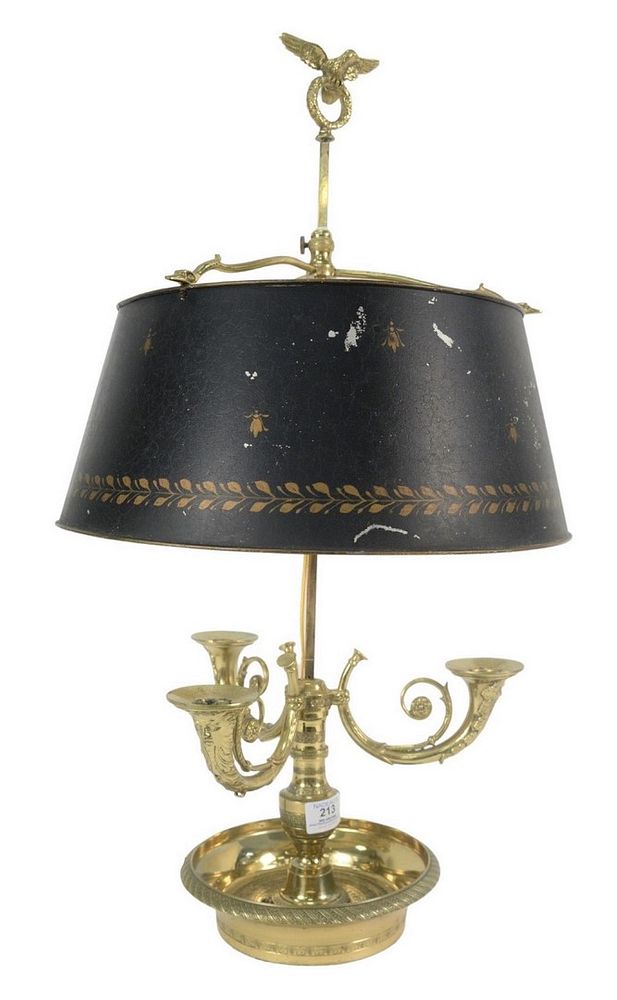 Appraisal: French Bouillotte Table Lamp having scrolled candle arms with mask