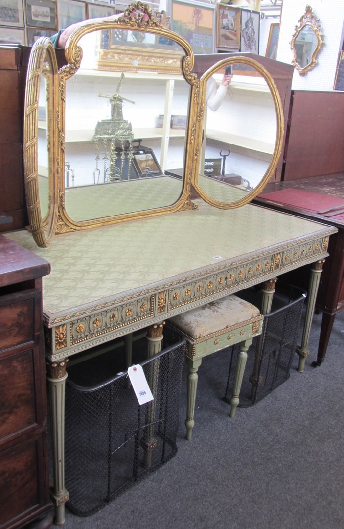 Appraisal: A large sage green and gilt heightened dressing table of