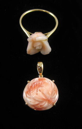 Appraisal: TWO ARTICLES OF CORAL AND YELLOW GOLD JEWELRY including a