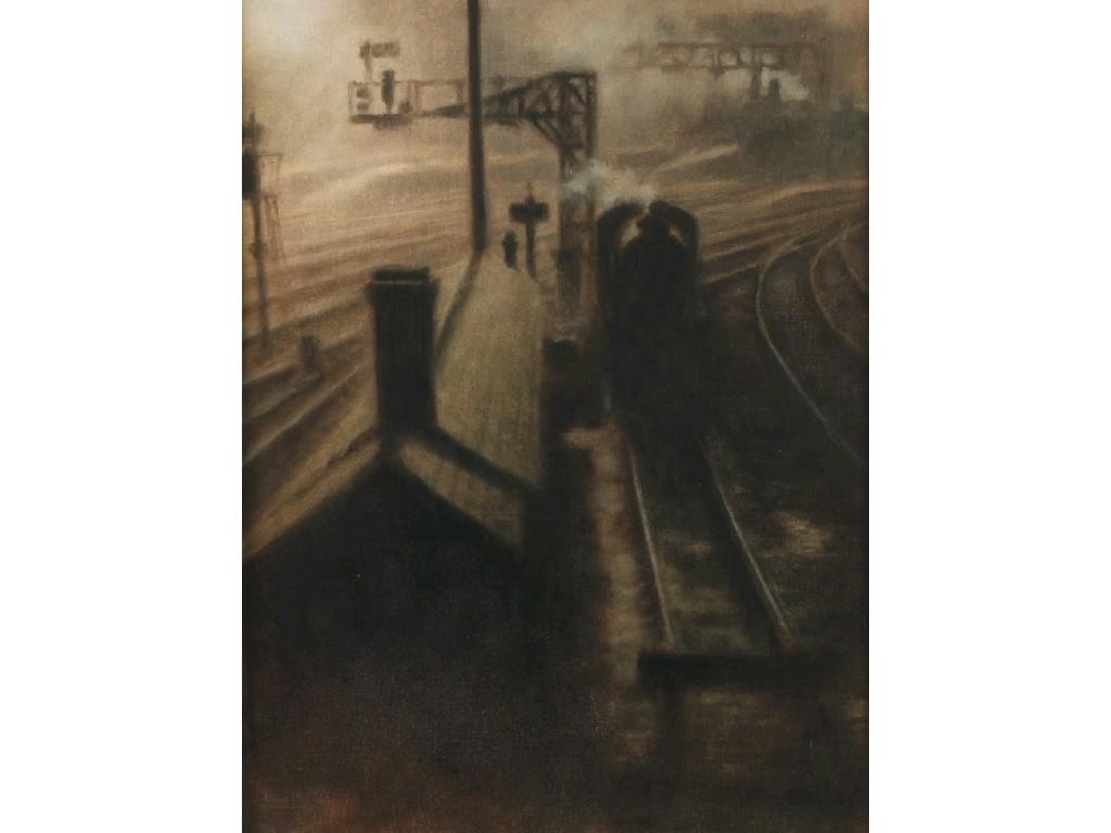 Appraisal: MARTIN J DOBSON b MONOCHROME OIL PAINTING ON ARTISTS BOARD'Station