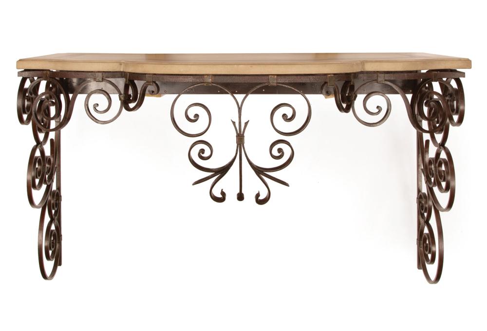 Appraisal: Monumental Wrought Iron Console Table serpentine cast stone top large