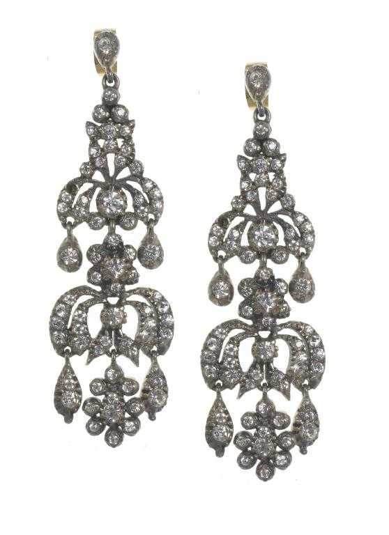 Appraisal: A PAIR OF ANTIQUE PASTE CHANDELIER EARRINGS in three sections