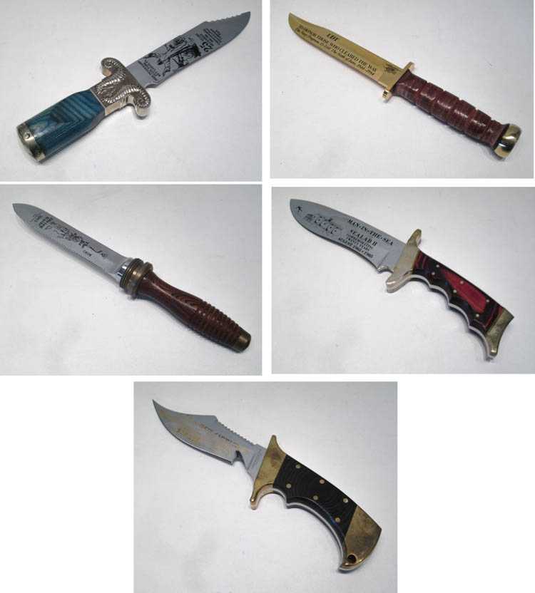 Appraisal: FIVE CASED WENOKA COMMEMORATIVE DIVING KNIVES The Beginning Of Deep