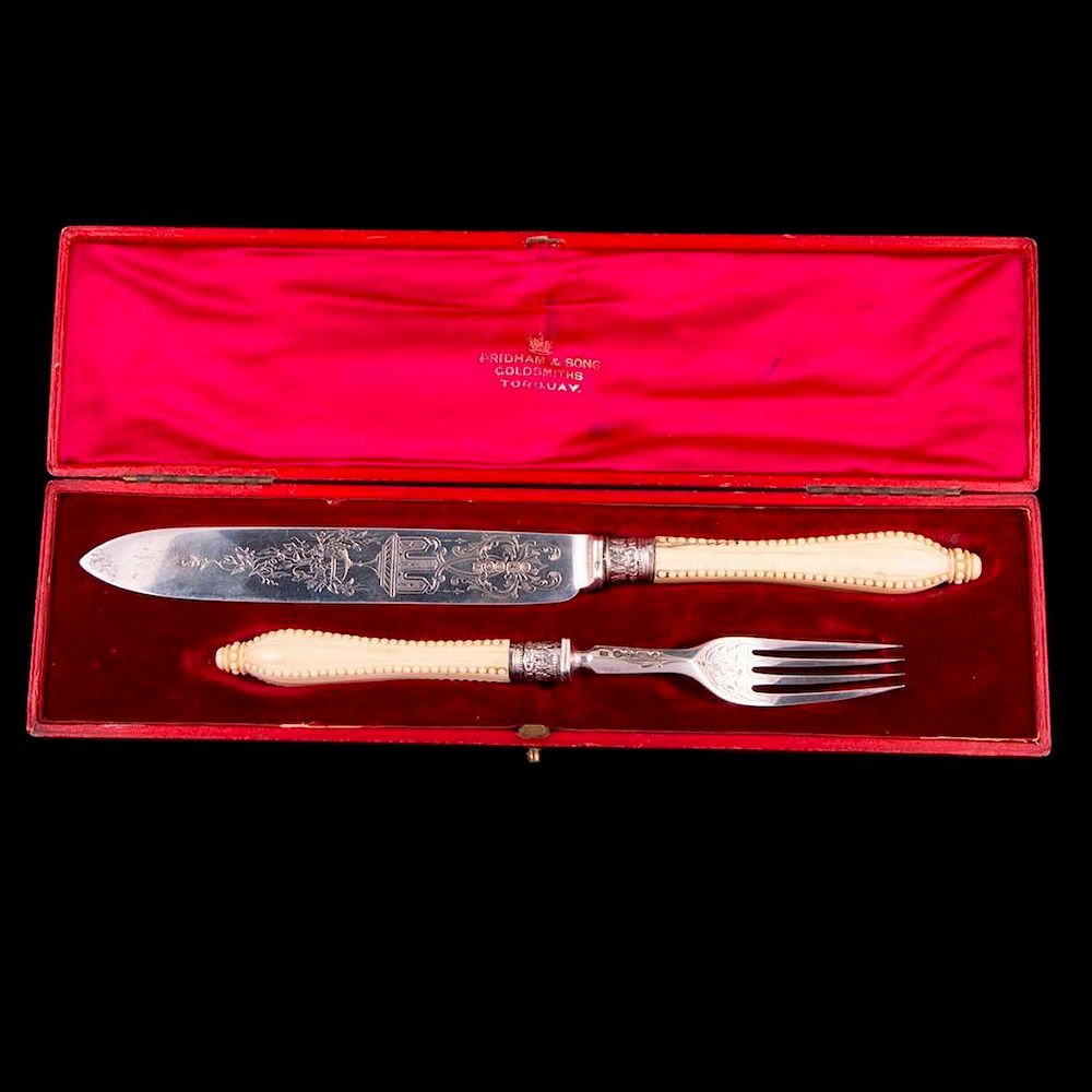 Appraisal: Sterling and bone carving set A boxed Victorian sterling and