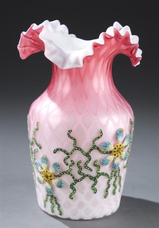 Appraisal: Lot of vases decorated with coralene Hand blown pink satin