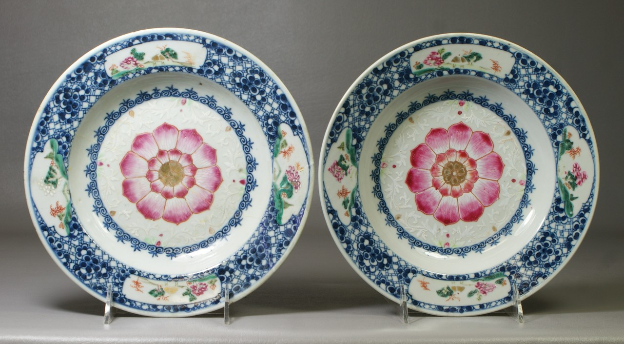 Appraisal: Pair of Chinese Export Lotus Pattern Porcelain Shallow Bowls with