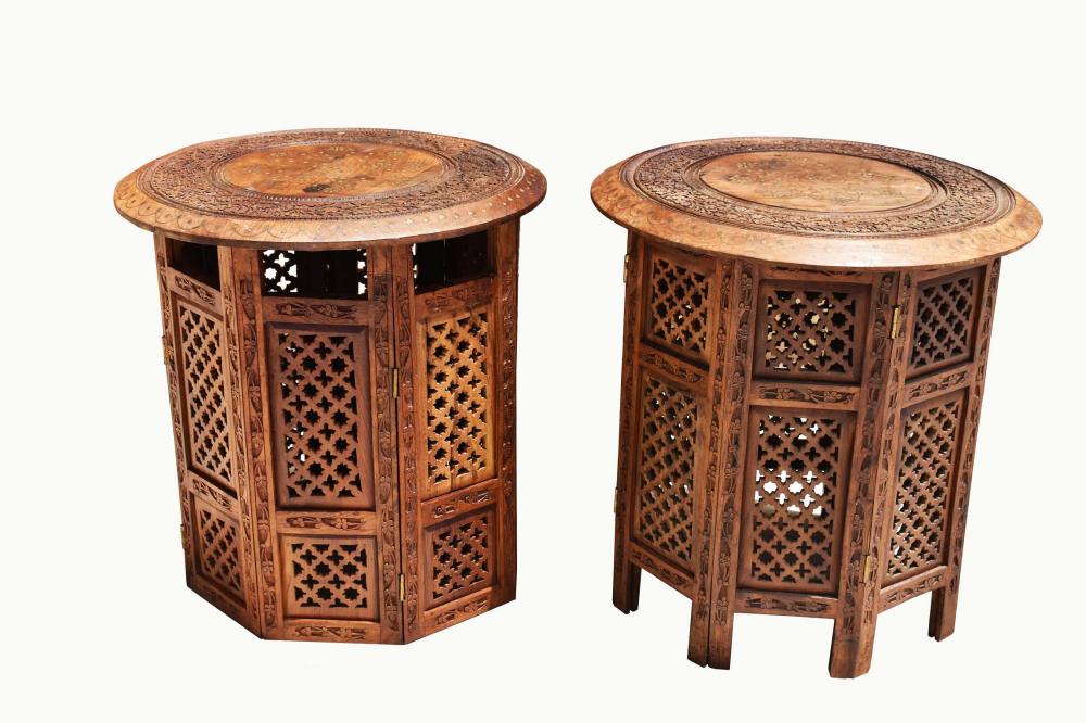 Appraisal: PAIR OF NORTH AFRICAN BRASS INLAID CARVED WOOD LOW TABLESEach