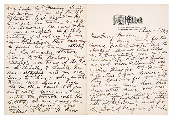 Appraisal: KELLAR HARRY Autograph Letter Signed to Harry Houdini with excellent