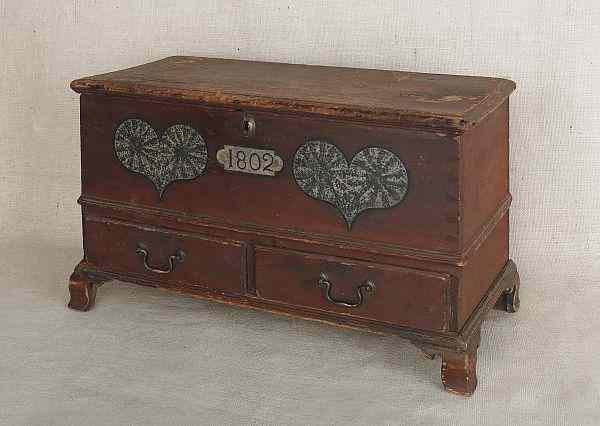 Appraisal: Pennsylvania miniature painted poplar dower chest dated decorated with two