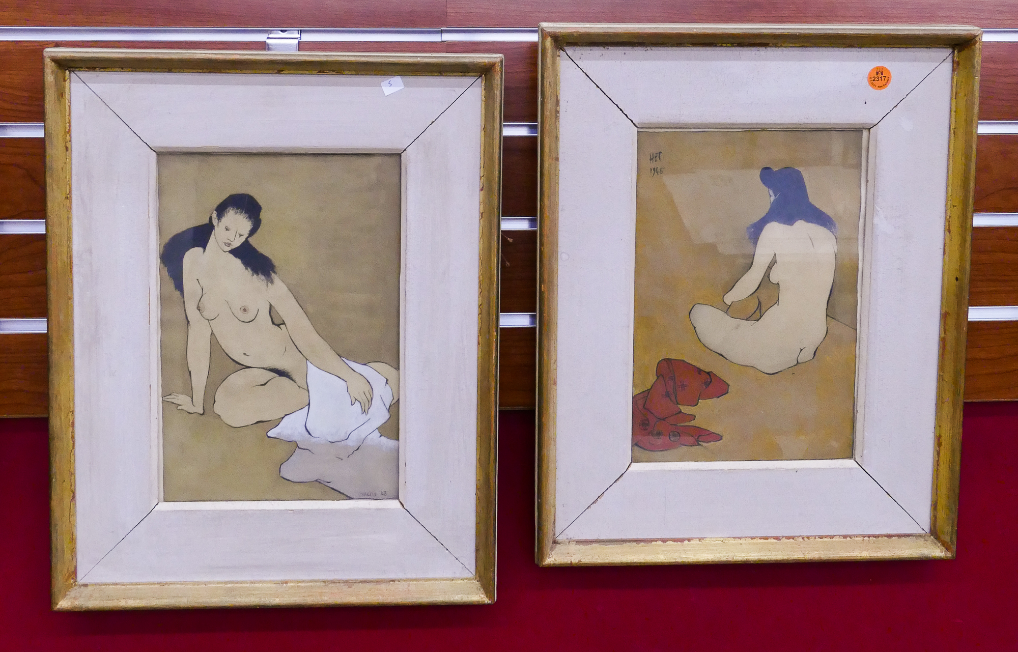 Appraisal: pc Art Deco Female Nude Gouache signed Challis and dated