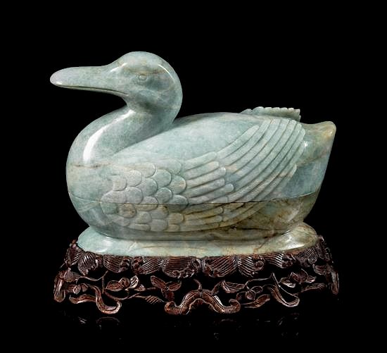 Appraisal: A Green Jadeite Duck-Form Covered Box Height inches A Green