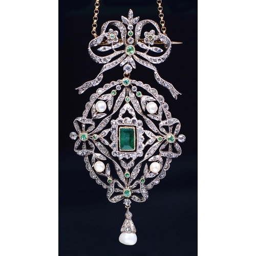 Appraisal: An emerald diamond and pearl brooch-pendant early th c of