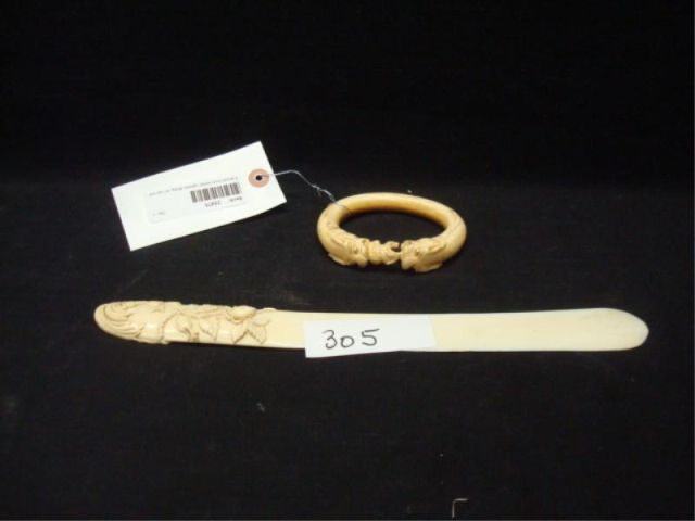 Appraisal: Carved ivory letter opener along w carved ivory bangle From