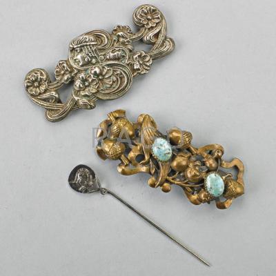 Appraisal: TWO ART NOUVEAU SASH ORNAMENTS AND A HAT PIN Two