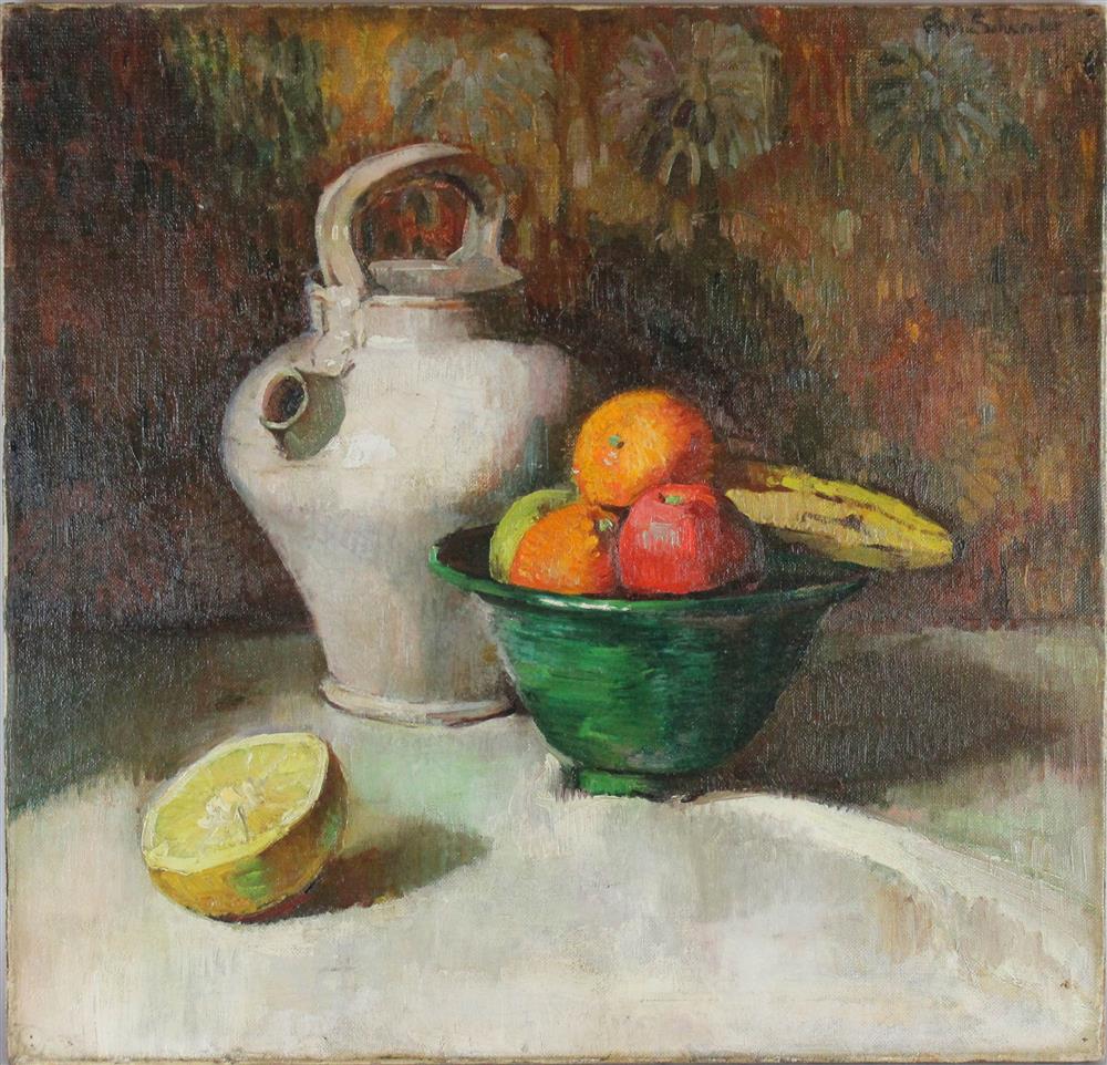 Appraisal: EMIL SOHNBACHER STILL LIFE WITH FRUIT AND JUG Oil on