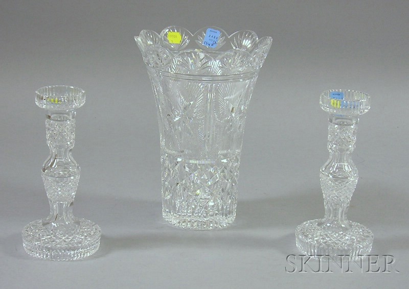 Appraisal: Waterford Cut Crystal Vase and Pair of Candlesticks maker's marks