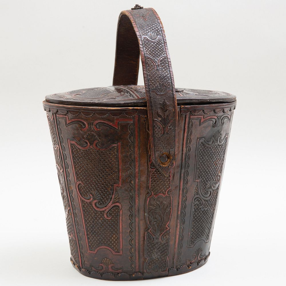 Appraisal: Austrian Painted and Carved Leather Bucket with Handle x x