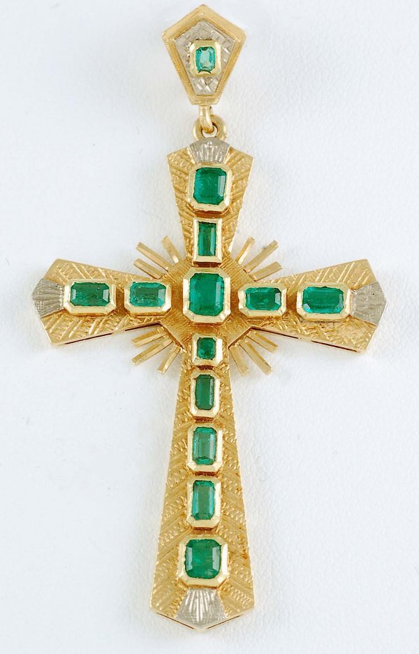 Appraisal: Hand engraved emerald cross in approximately K yellow gold Thirteen