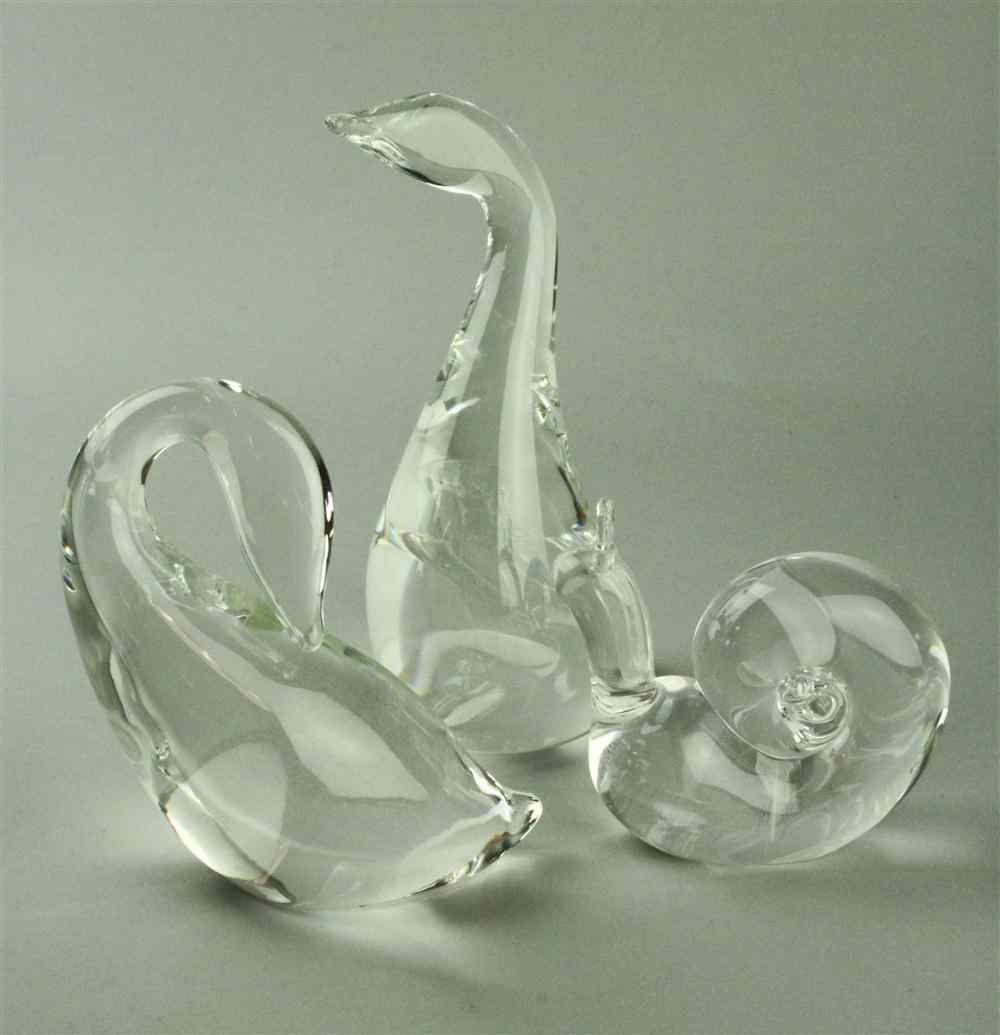 Appraisal: THREE STEUBEN GLASS ORNAMENTS including two water birds and a