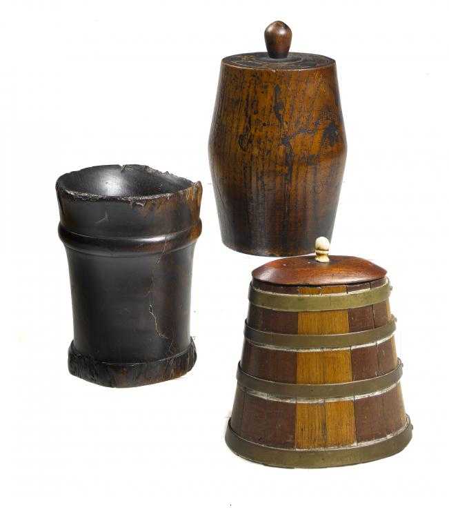 Appraisal: A BRASS-BOUND LIGHT AND DARK WOOD-STAVED TEA CADDY AND MAHOGANY