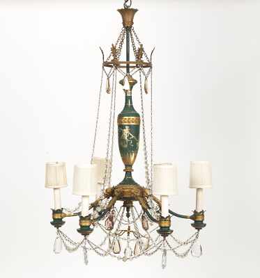 Appraisal: A Painted and Gilt Bronze Chandelier with Crystal Prisms Central