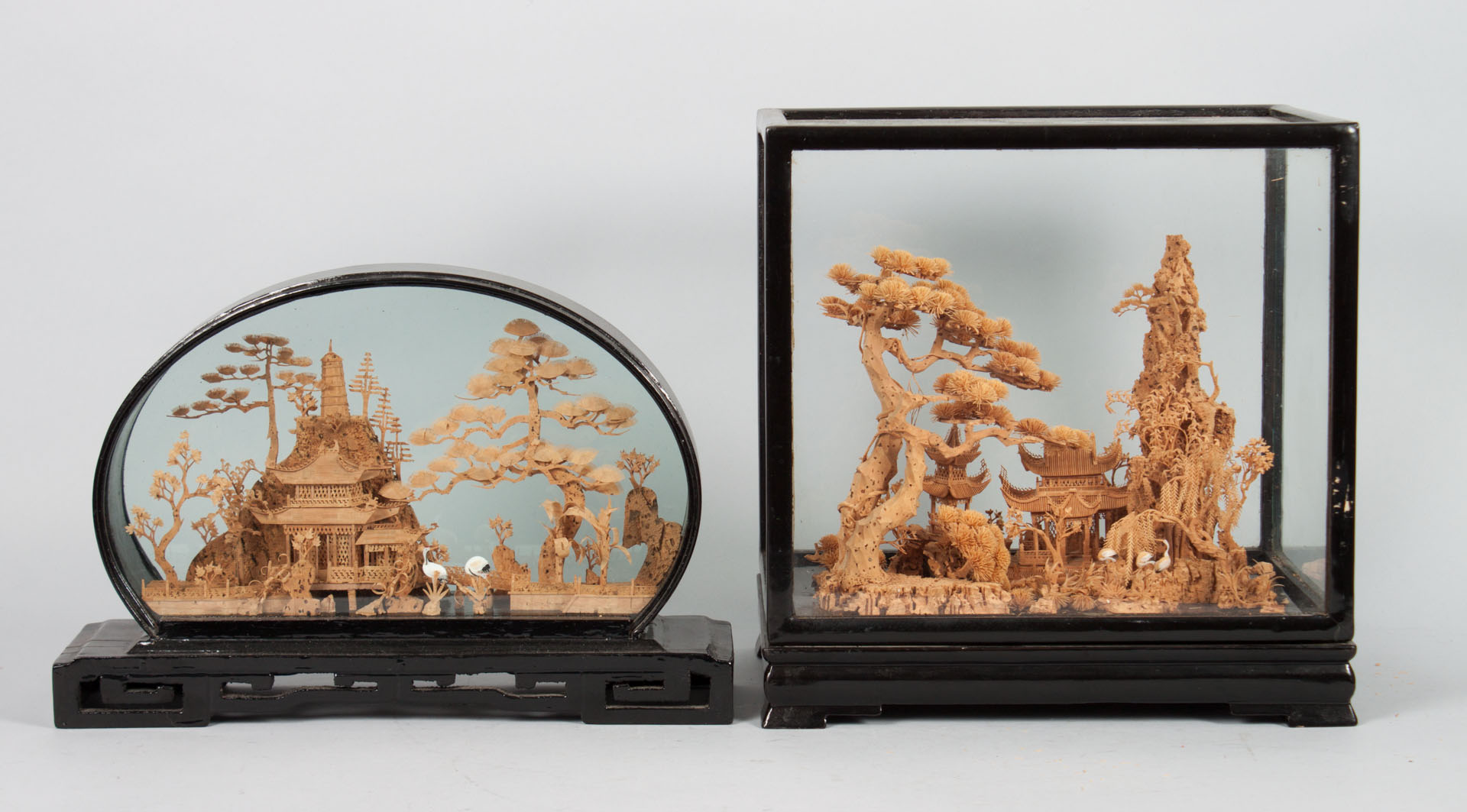 Appraisal: Two Chinese carved cork dioramas pagoda and garden with trees