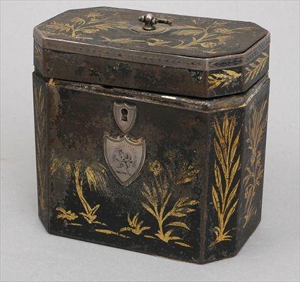 Appraisal: GEORGE III LACQUERED METAL TEA CADDY Of chamfered rectangular outline