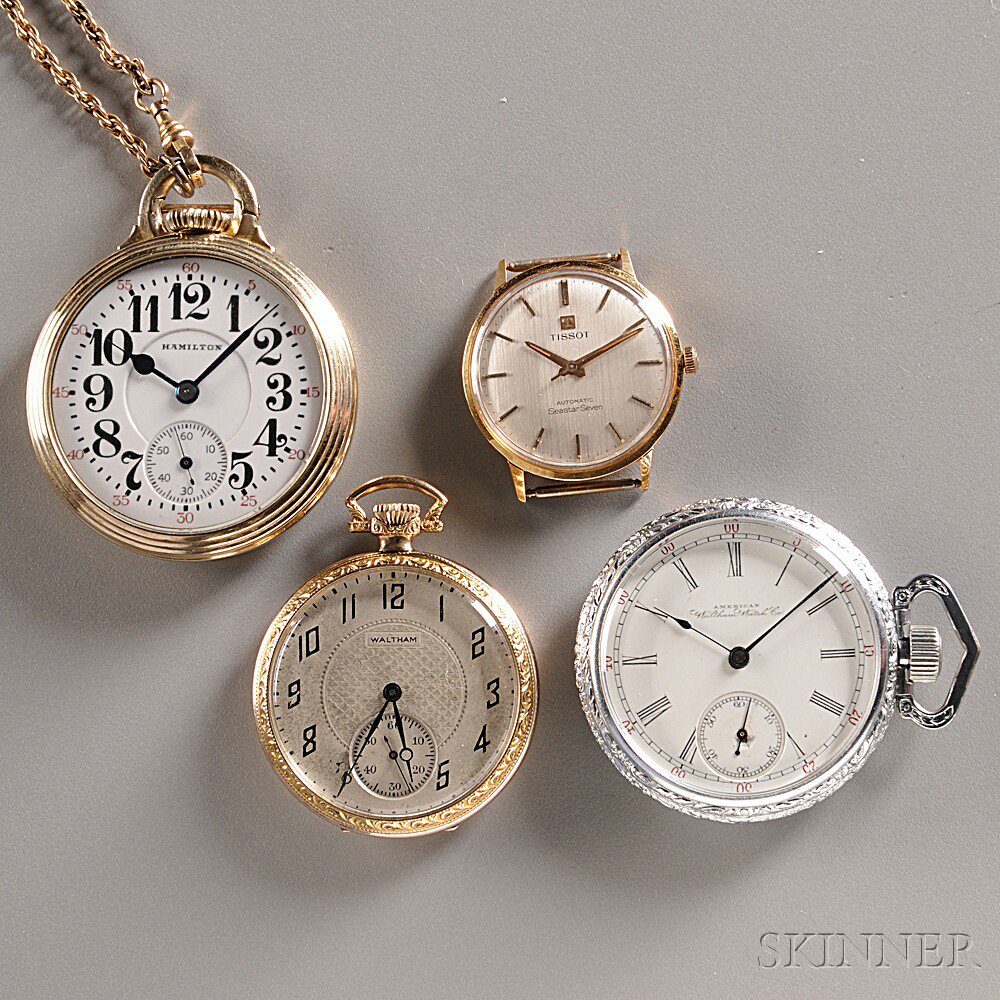 Appraisal: Three American Pocket Watches and a Tissot Wristwatch pocket watches