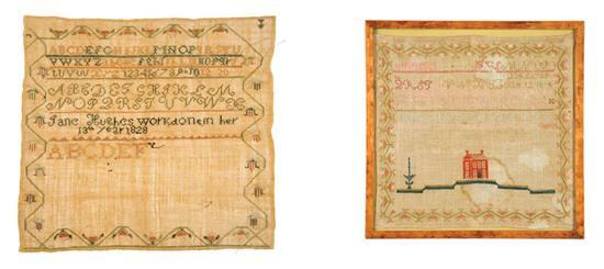 Appraisal: TWO SAMPLERS Jane Hughes American silk on linen Alphabets on