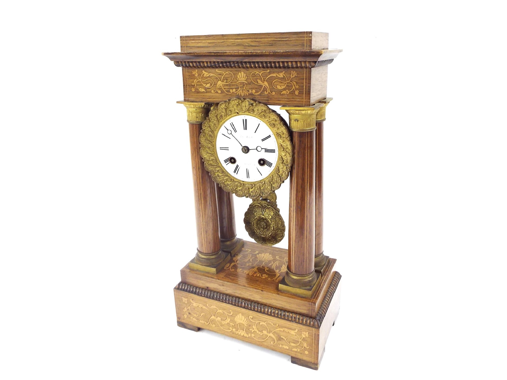 Appraisal: French rosewood inlaid two train portico mantel clock the movement