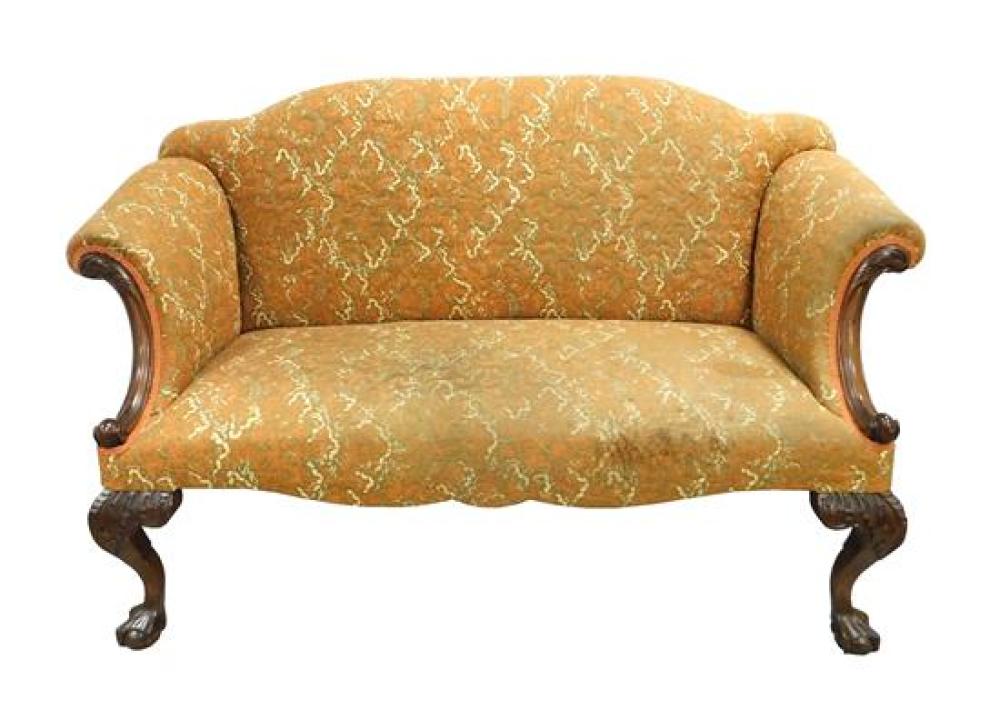 Appraisal: Chippendale style settee with orange upholstery scroll and acanthus arms