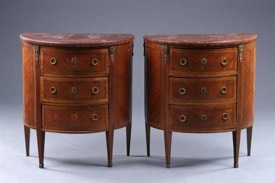 Appraisal: PAIR LOUIS XVI STYLE DEMILUNE COMMODES late th century kingwood