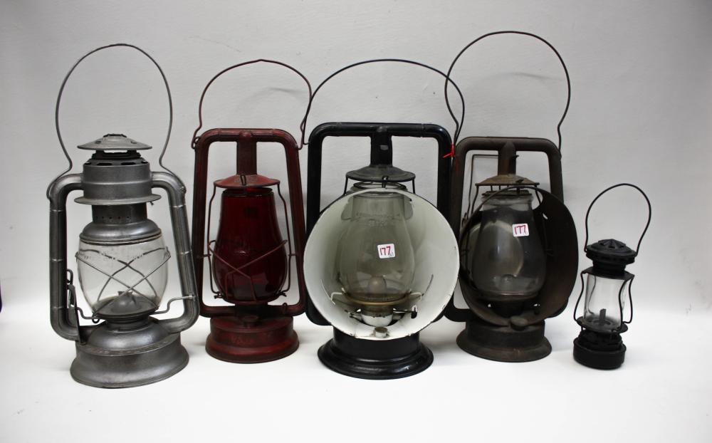 Appraisal: FIVE ANTIQUE HURRICANE LANTERNS Deitz No painted silver clear lens