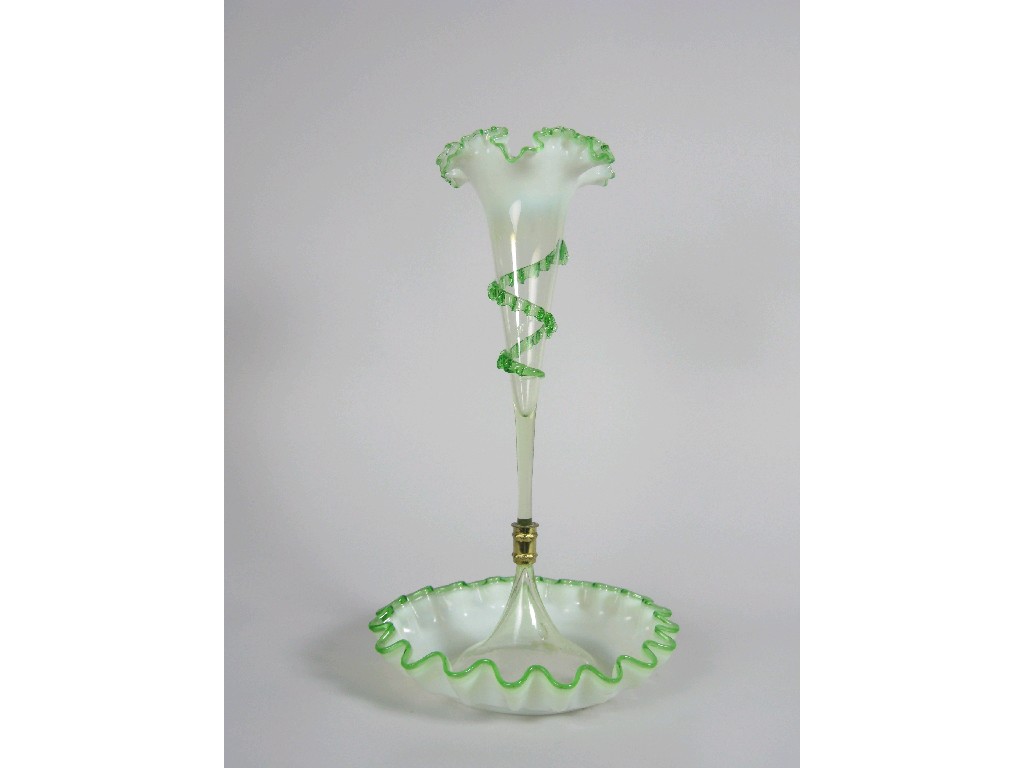 Appraisal: A Victorian green and vaseline glass Epergne with trumpet vase