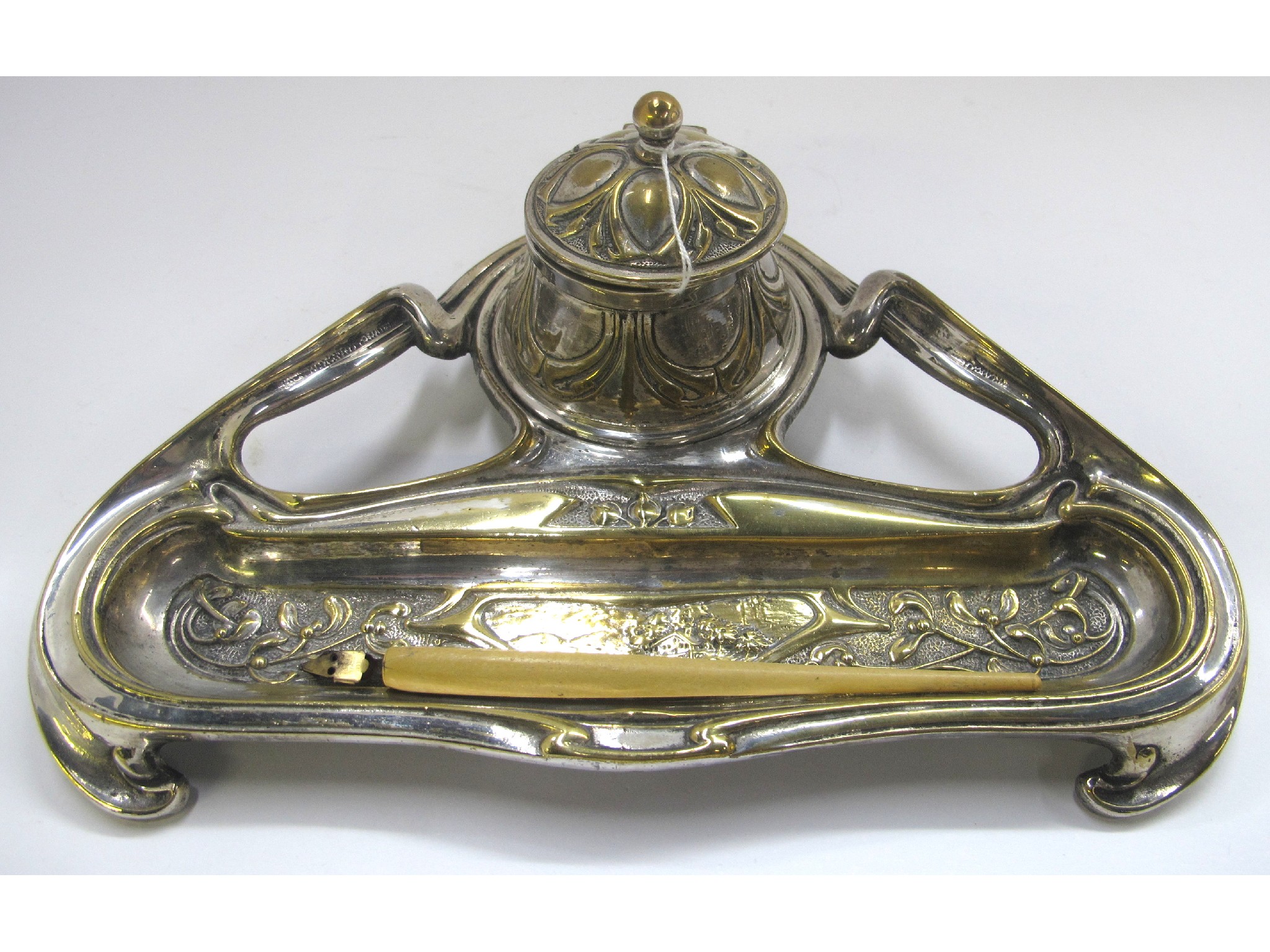 Appraisal: Art Nouveau silver plated desk stand with mistletoe and foliate