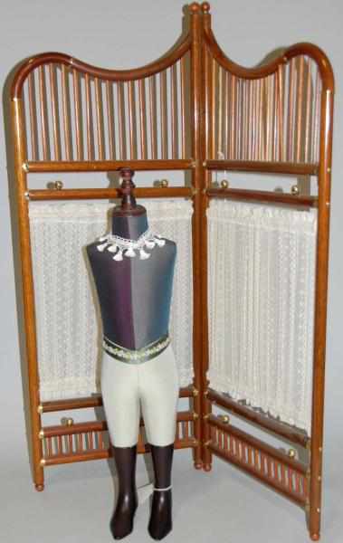 Appraisal: Mannequin and Wooden Dressing Curtain Wooden dressing curtain Includes mannequin