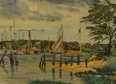 Appraisal: Harbor scene with boats watercolor x ' sight SLR Artist