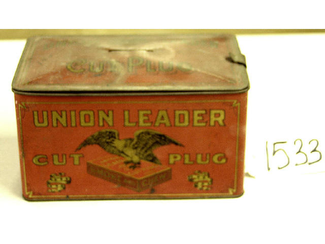 Appraisal: Original Union Leader Cut Plug Tobacco tin coin bank in