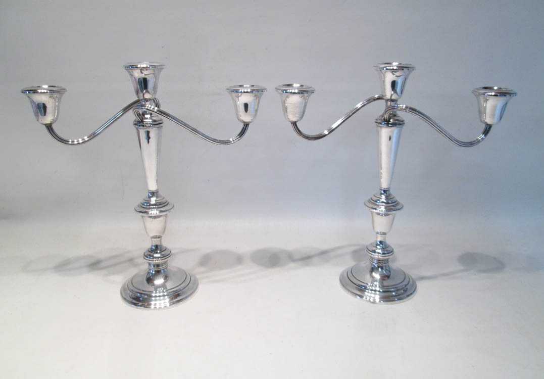 Appraisal: PAIR GORHAM STERLING SILVER CANDELABRA three-lights on scrolling arms convertible