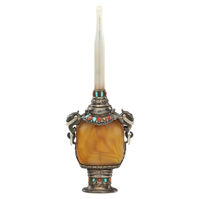 Appraisal: MONGOLIAN SILVER MOUNTED AGATE SNUFF BOTTLE Condition Report