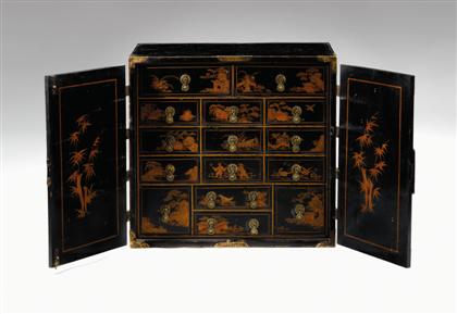 Appraisal: Black lacquer and gilt-metal mounted chinoiserie decorated cabinet late th