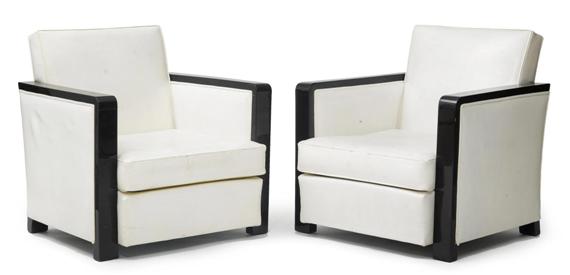 Appraisal: PAIR OF FRENCH CLUB CHAIRS circa Black lacquered wood and