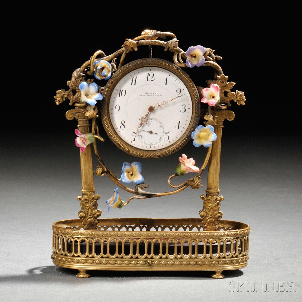 Appraisal: Miniature Gilt-bronze and Porcelain Eight-day Octava Timepiece Continental early th