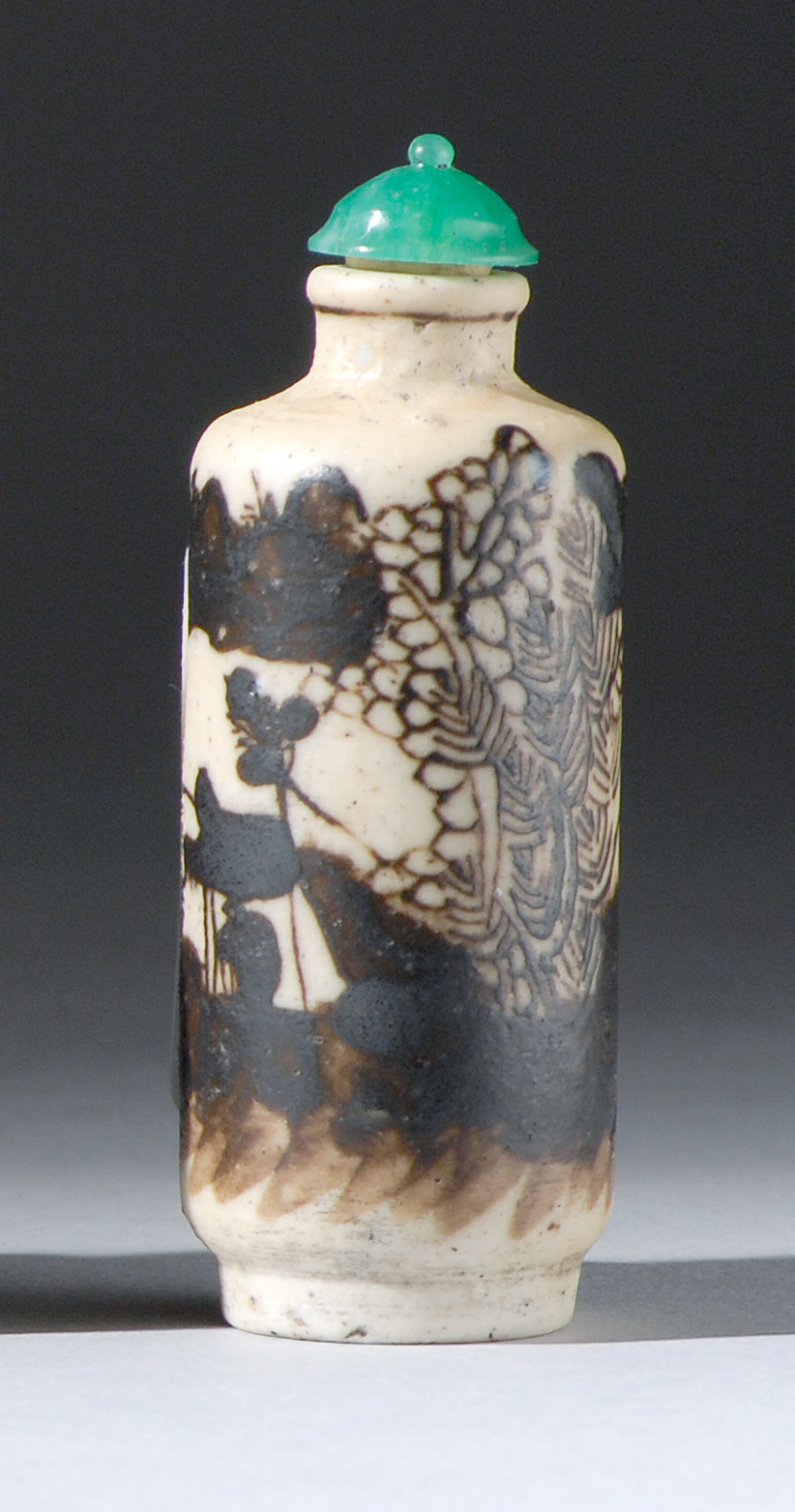 Appraisal: BISQUE PORCELAIN SNUFF BOTTLE Late th CenturyIn cylinder form with