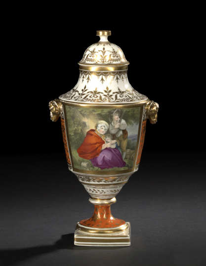 Appraisal: Fine English Porcelain Ram's Head-Handled Covered Garniture Vase first quarter