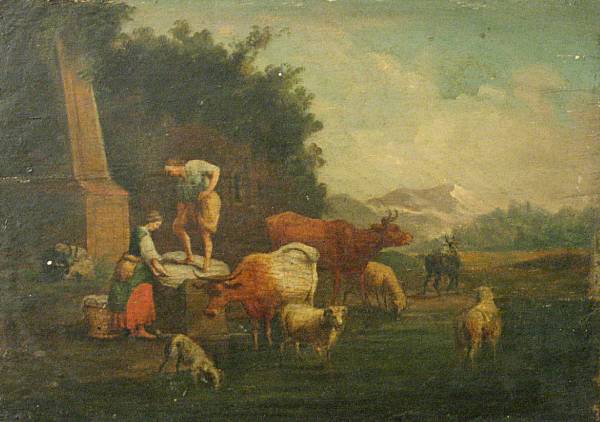 Appraisal: Dutch School th Century A landscape with figures washing clothes