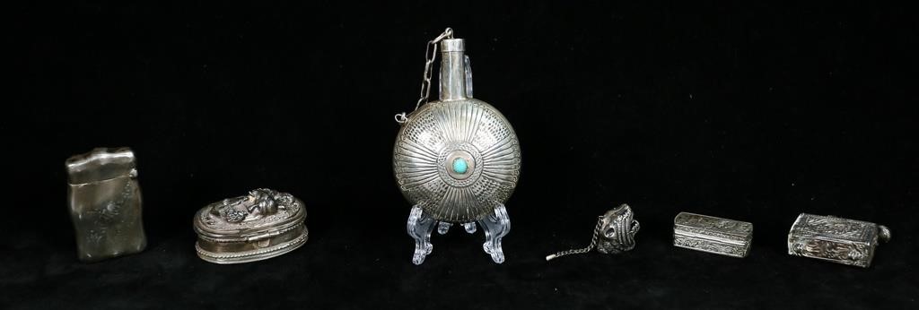 Appraisal: Grouping of silver containers Snuff bottle with blue stones elephant