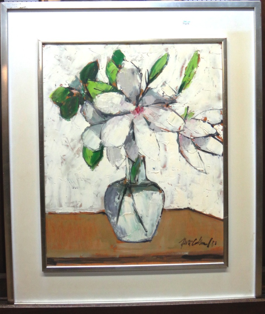 Appraisal: Peter Collins b Still life of Magnolia in a glass