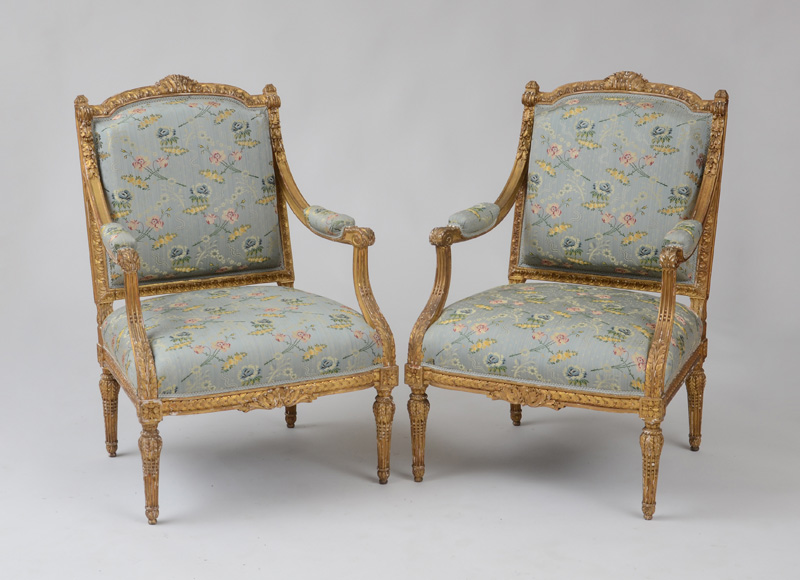 Appraisal: PAIR OF LOUIS XVI STYLE GILTWOOD FAUTEUILS LA REINE Each